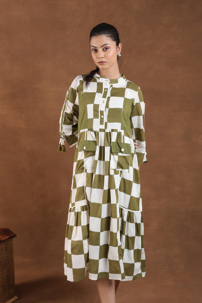 Olive Green & White Checkered Midi Dress