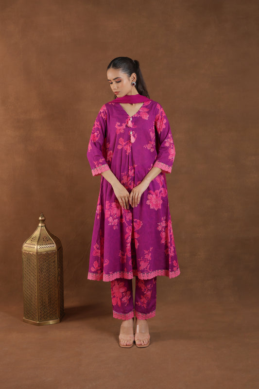 Purple Bloom Embroidered Kurti Set