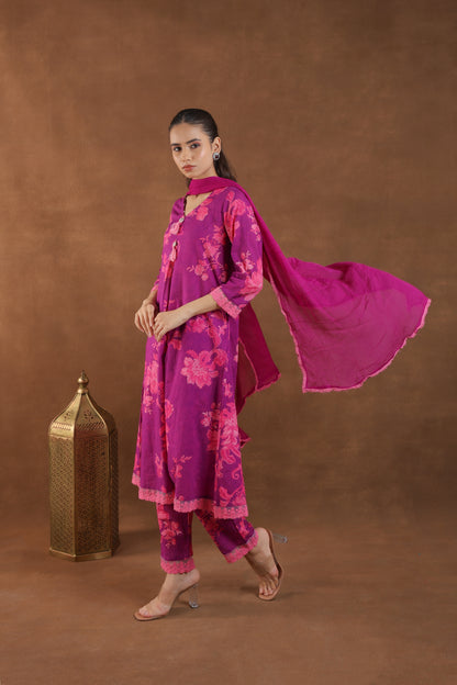 Purple Bloom Embroidered Kurti Set