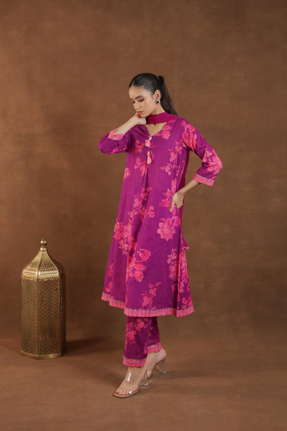 Purple Bloom Embroidered Kurti Set