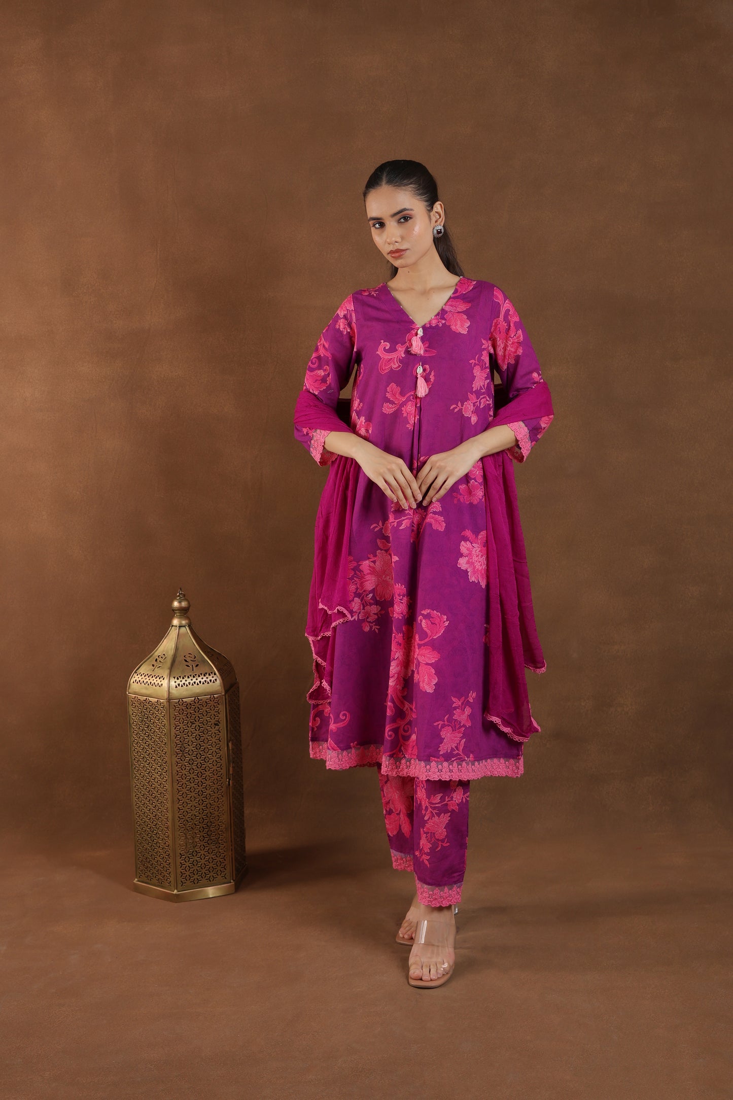 Purple Bloom Embroidered Kurti Set