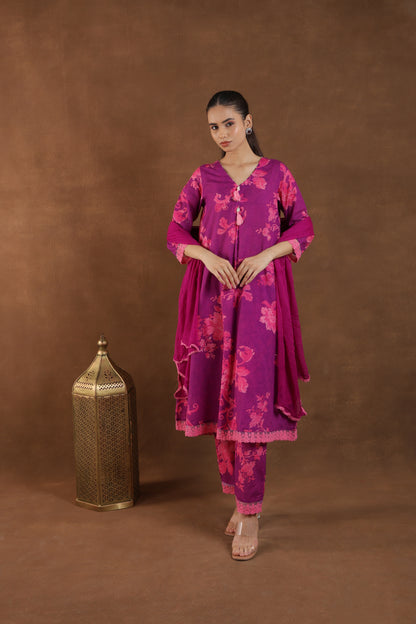 Purple Bloom Embroidered Kurti Set