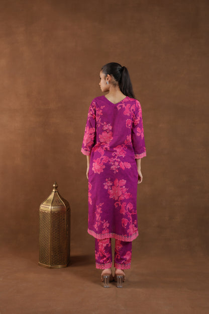 Purple Bloom Embroidered Kurti Set