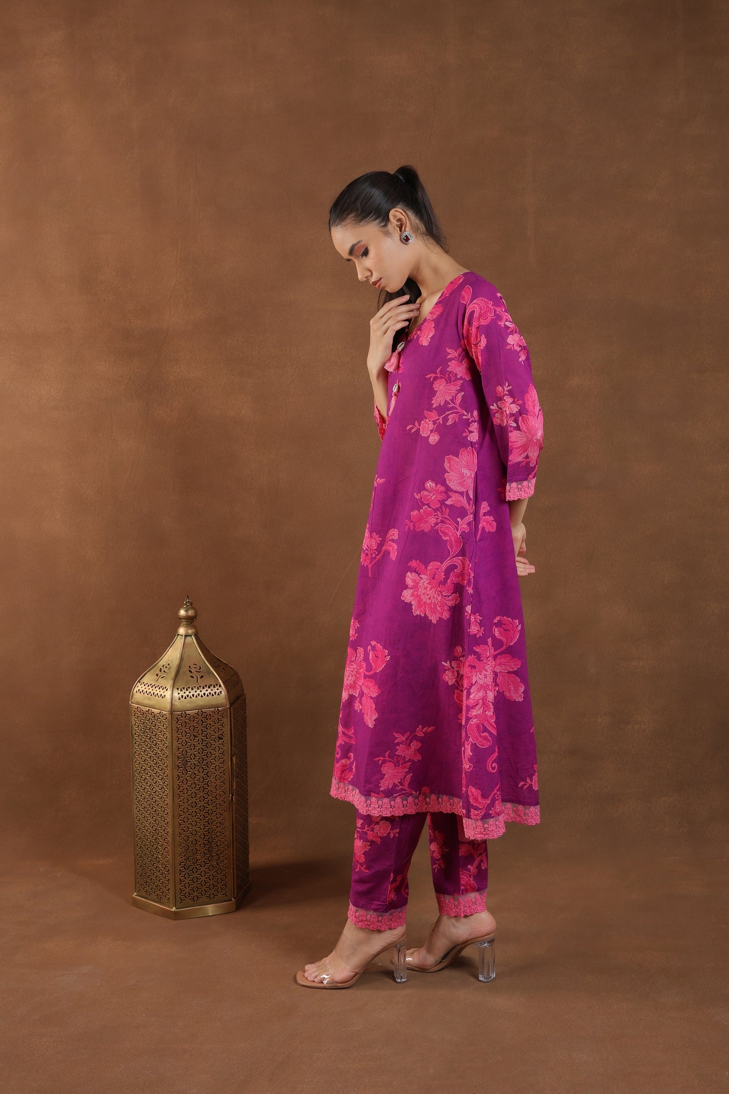 Purple Bloom Embroidered Kurti Set