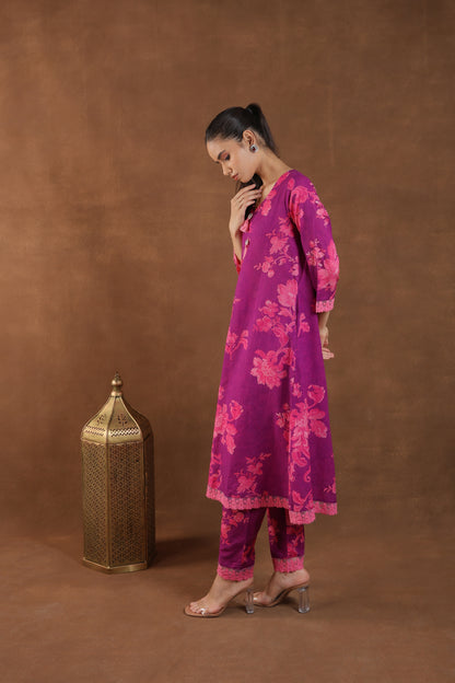 Purple Bloom Embroidered Kurti Set