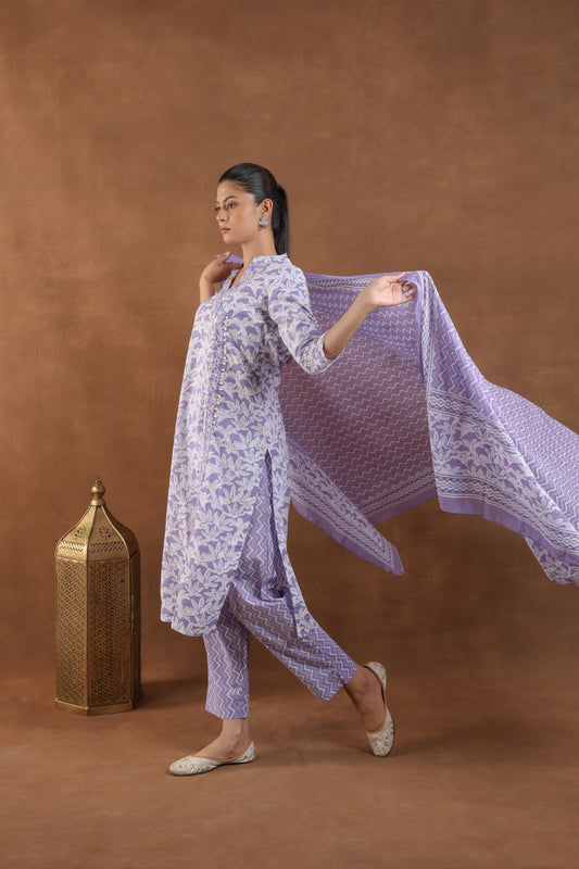 Lavender & White Floral Printed Cotton Kurta Set with Dupatta