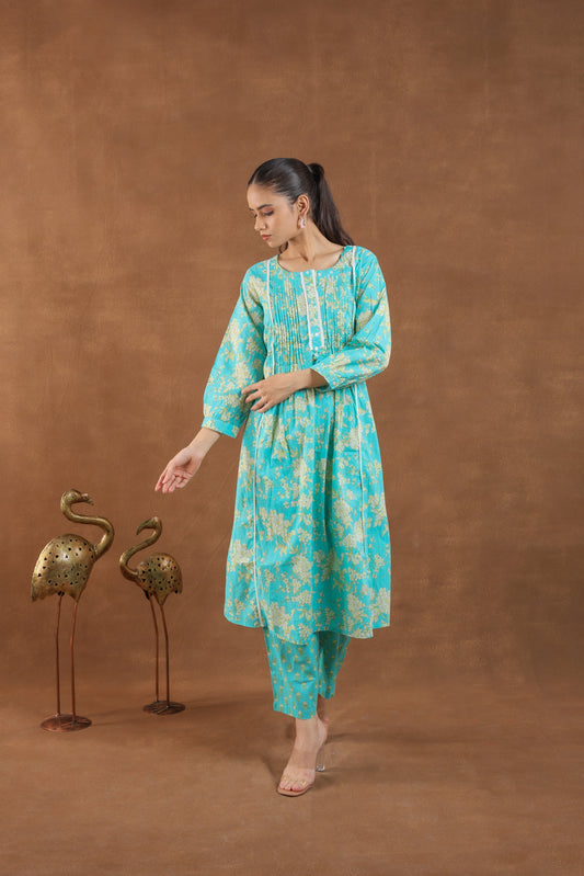 Turquoise & Gold Floral Print Co-ord Set