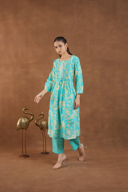 Turquoise & Gold Floral Print Co-ord Set