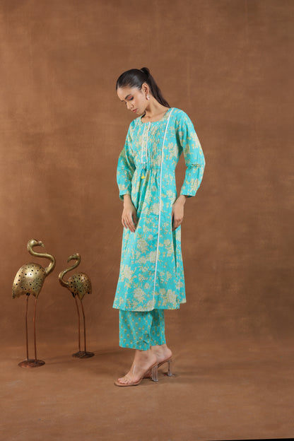 Turquoise & Gold Floral Print Co-ord Set