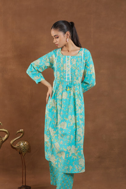 Turquoise & Gold Floral Print Co-ord Set