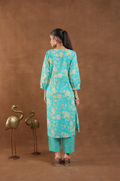 Turquoise & Gold Floral Print Co-ord Set