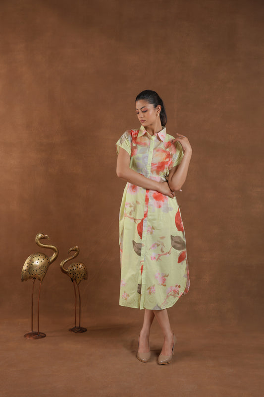 Light Green Floral Print Midi Dress