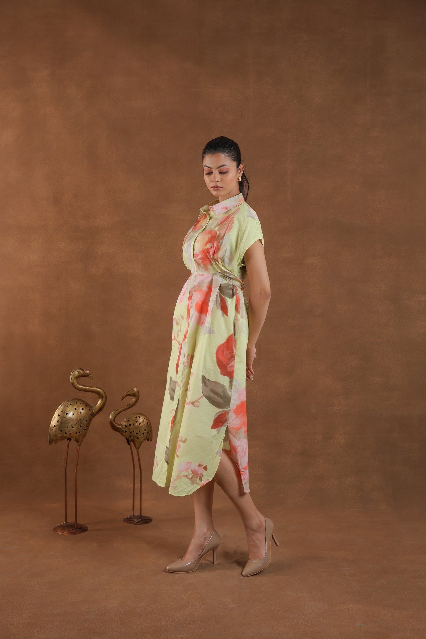 Light Green Floral Print Midi Dress