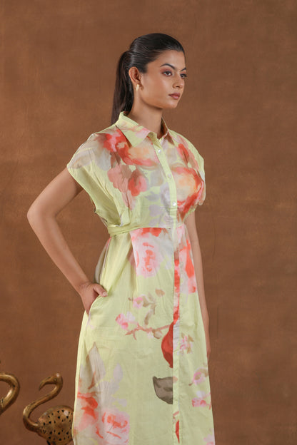 Light Green Floral Print Midi Dress