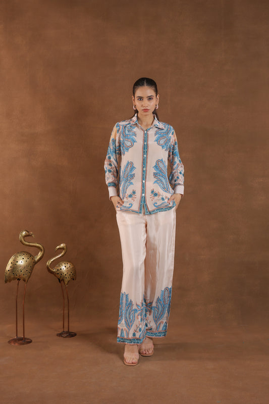 Peach Paisley Print Silk and Muslin Co-ord Set