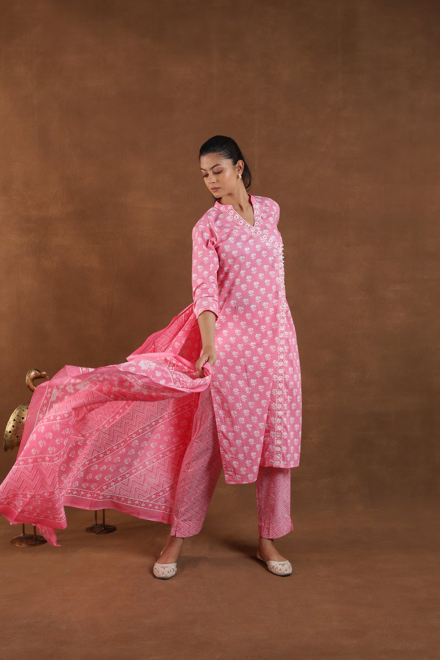 Light Rose Block Printed Cotton Kurta Set with Dupatta