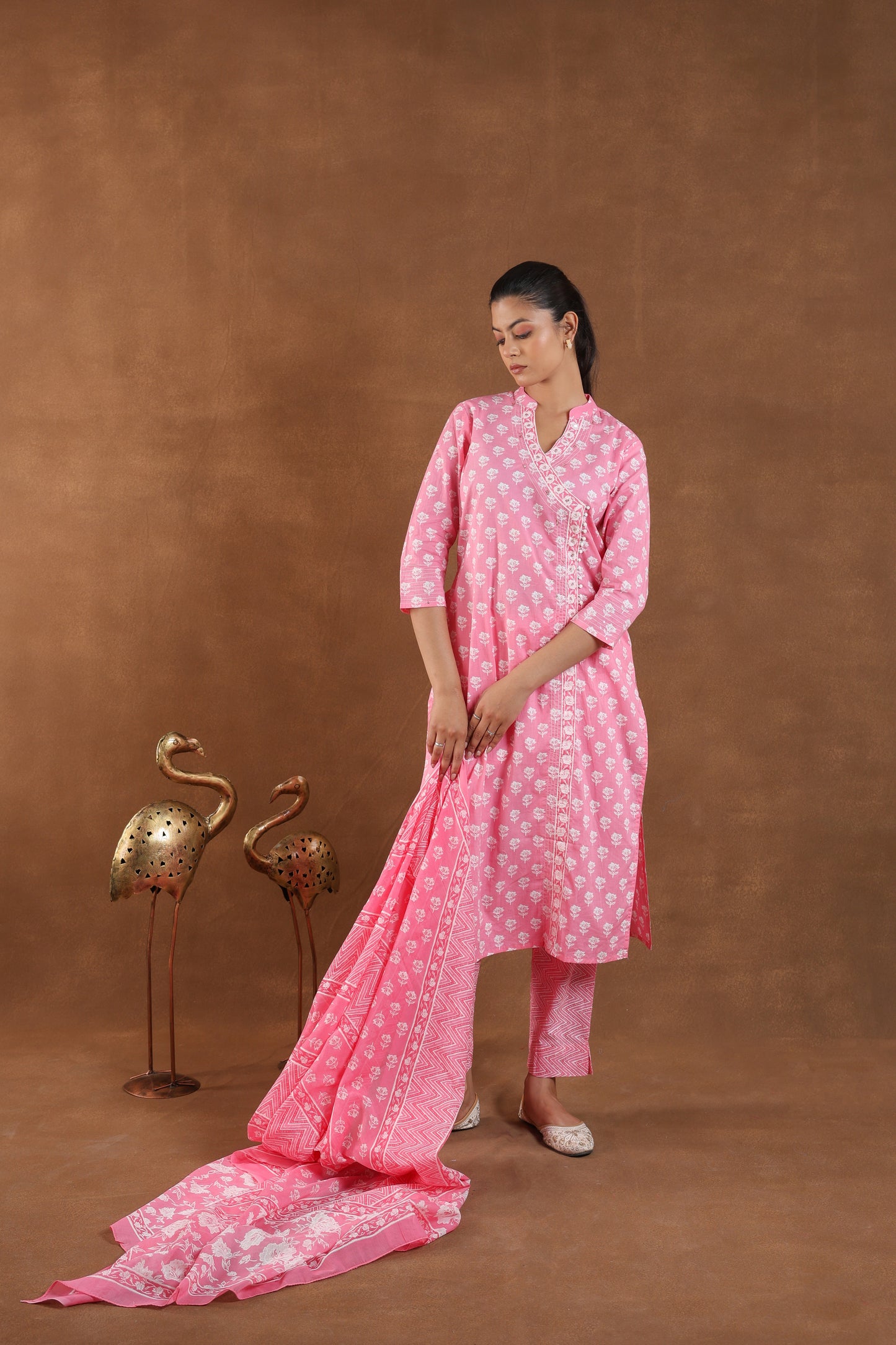 Light Rose Block Printed Cotton Kurta Set with Dupatta