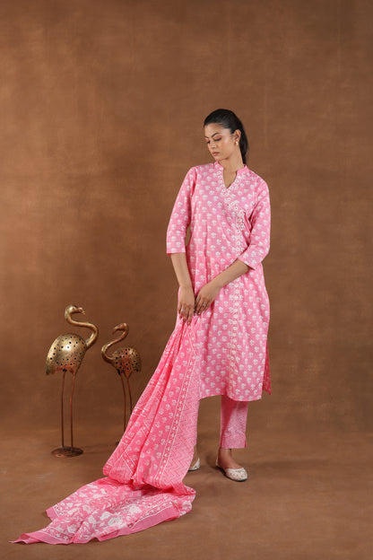 Light Rose Block Printed Cotton Kurta Set with Dupatta