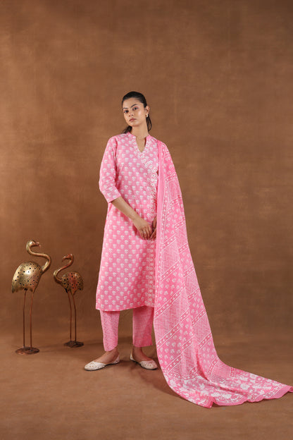 Light Rose Block Printed Cotton Kurta Set with Dupatta