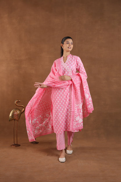 Light Rose Block Printed Cotton Kurta Set with Dupatta