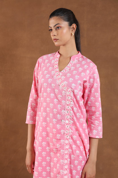 Light Rose Block Printed Cotton Kurta Set with Dupatta