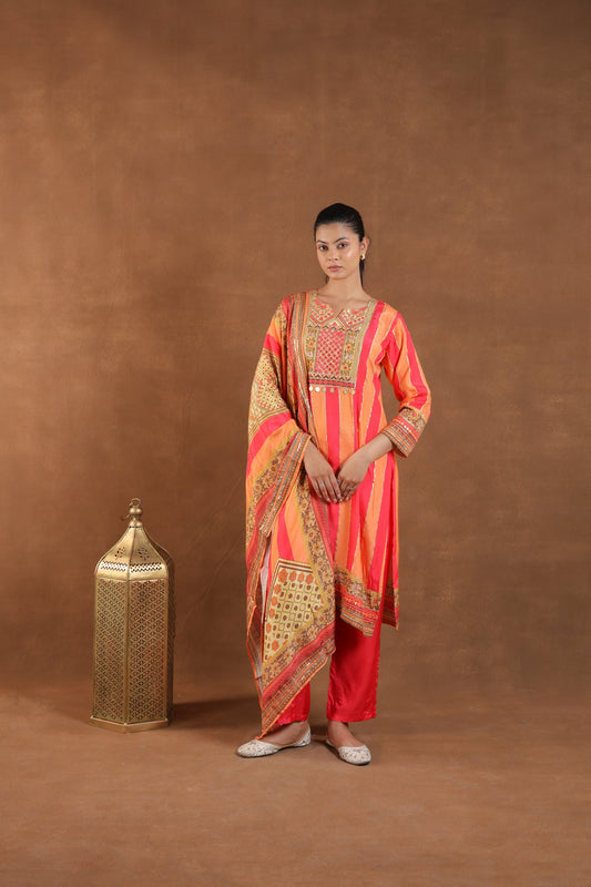 Coral and Orange Striped Embroidered Kurta Set