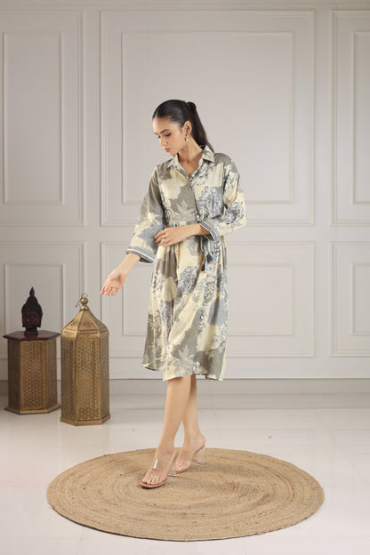 Taupe & Ivory Patterned Button-Down Midi Dress