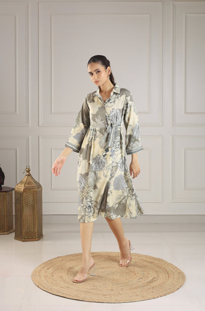 Taupe & Ivory Patterned Button-Down Midi Dress