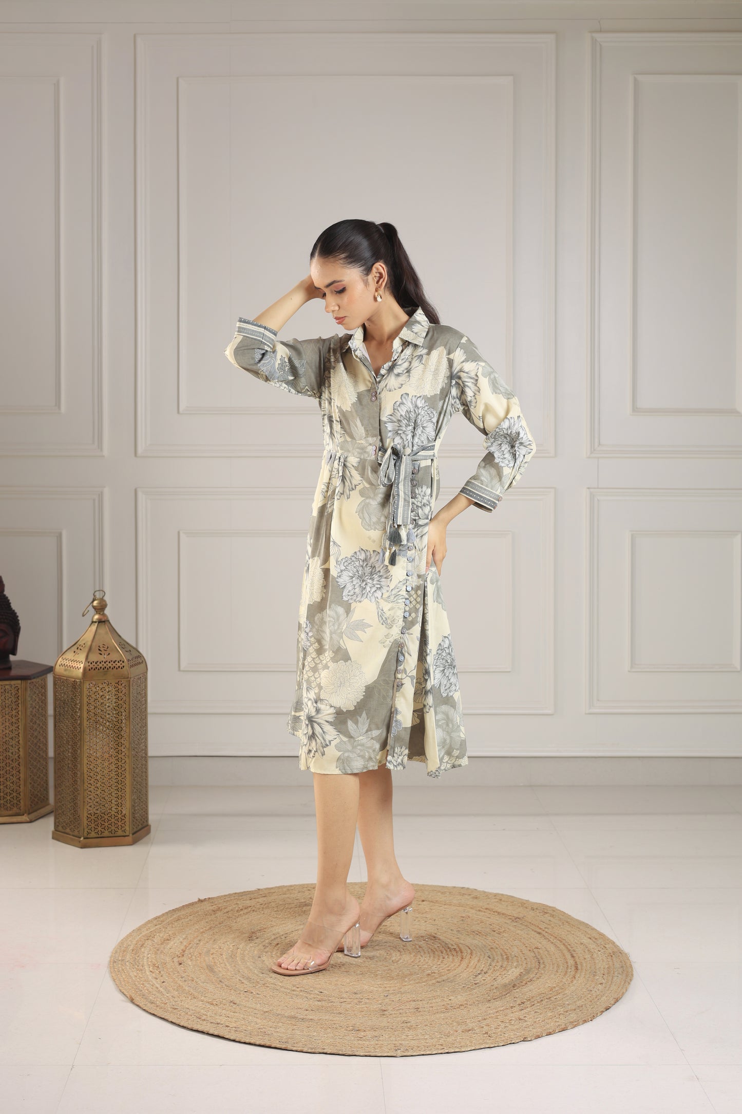 Taupe & Ivory Patterned Button-Down Midi Dress