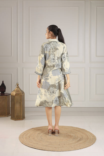 Taupe & Ivory Patterned Button-Down Midi Dress