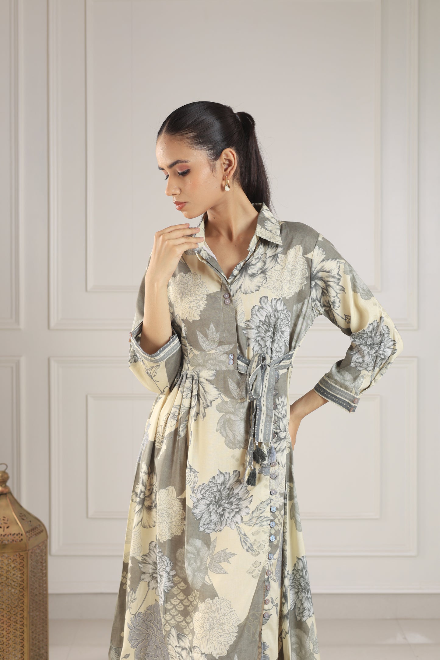 Taupe & Ivory Patterned Button-Down Midi Dress
