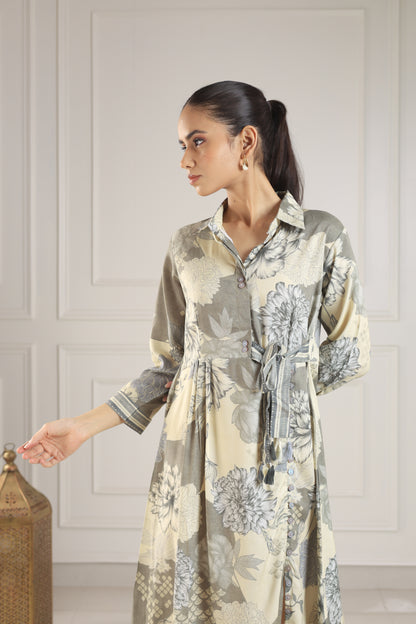 Taupe & Ivory Patterned Button-Down Midi Dress