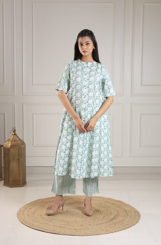 Mint Green & White Block Print Co-ord Set
