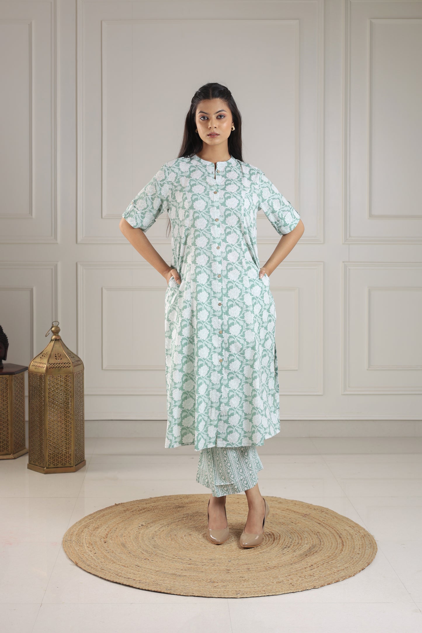 Mint Green & White Block Print Co-ord Set