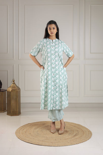 Mint Green & White Block Print Co-ord Set