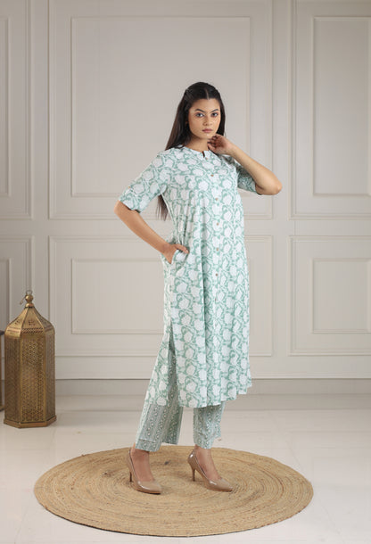 Mint Green & White Block Print Co-ord Set