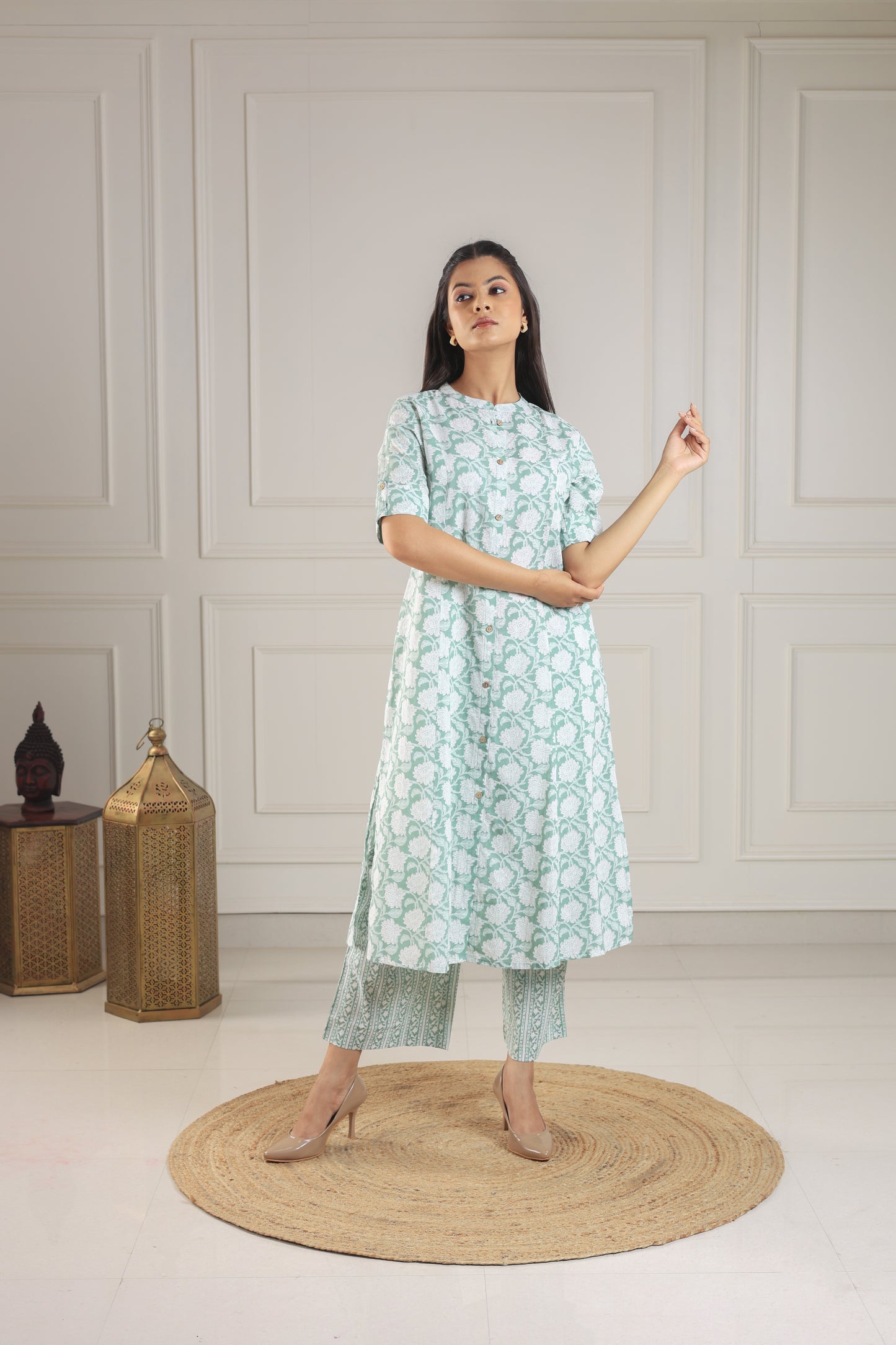 Mint Green & White Block Print Co-ord Set