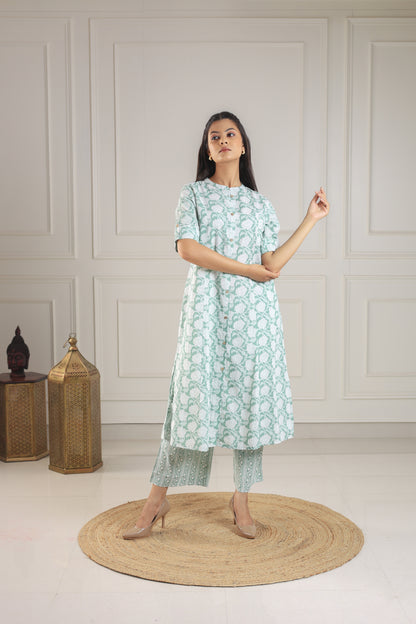 Mint Green & White Block Print Co-ord Set