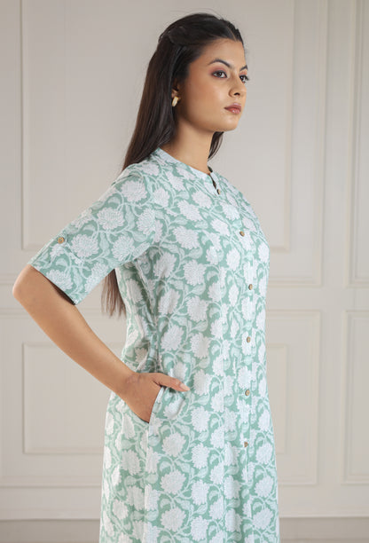 Mint Green & White Block Print Co-ord Set