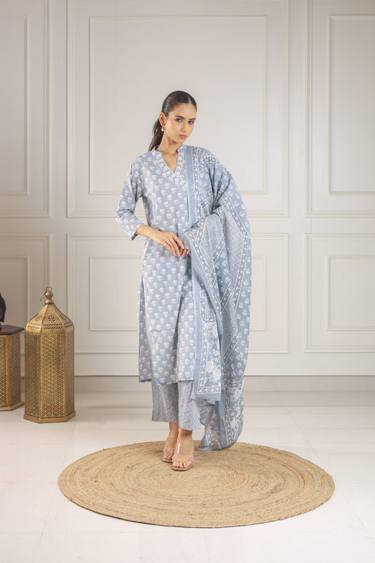 Light Grey Floral Print Kurta Set