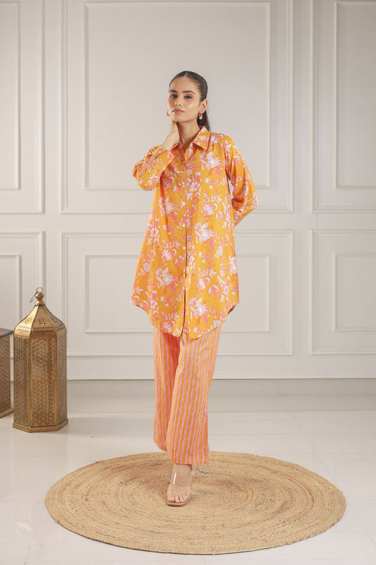 Sunset Orange Floral Print Co-ord Set with Striped Pants
