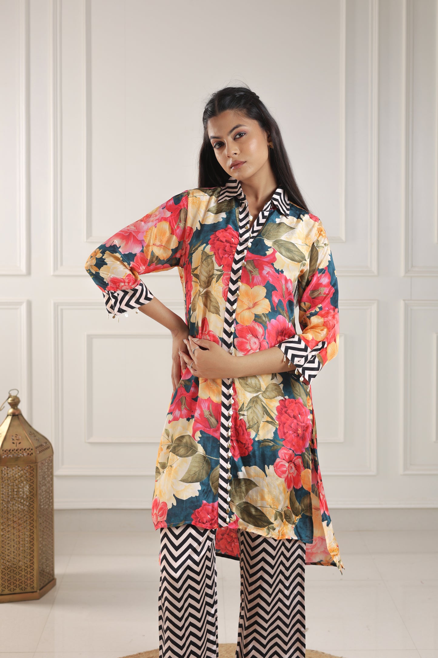 Teal, Pink & White Botanical Chevron Co-ord Set