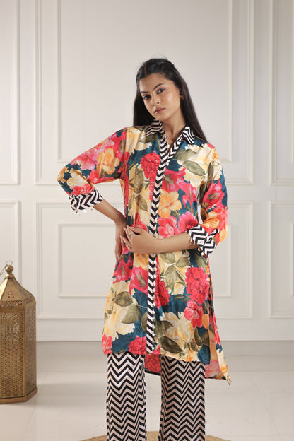 Teal, Pink & White Botanical Chevron Co-ord Set