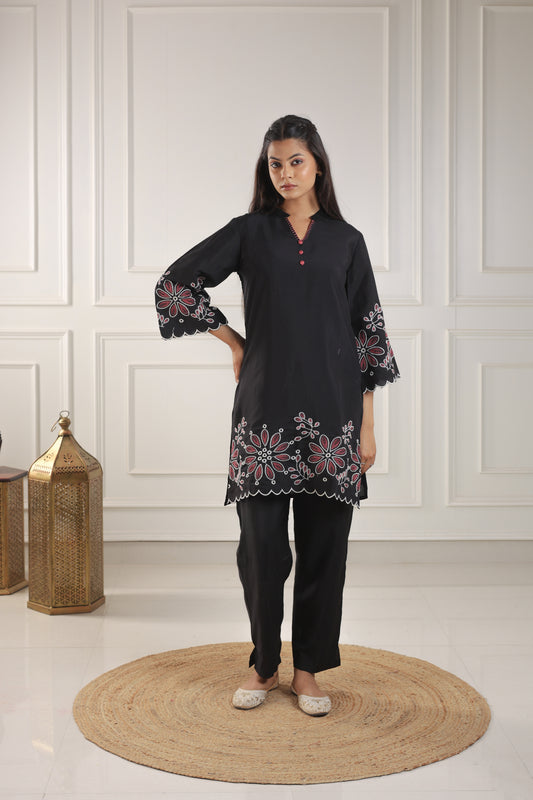 Black Floral Embroidered Cotton Co-ord Set