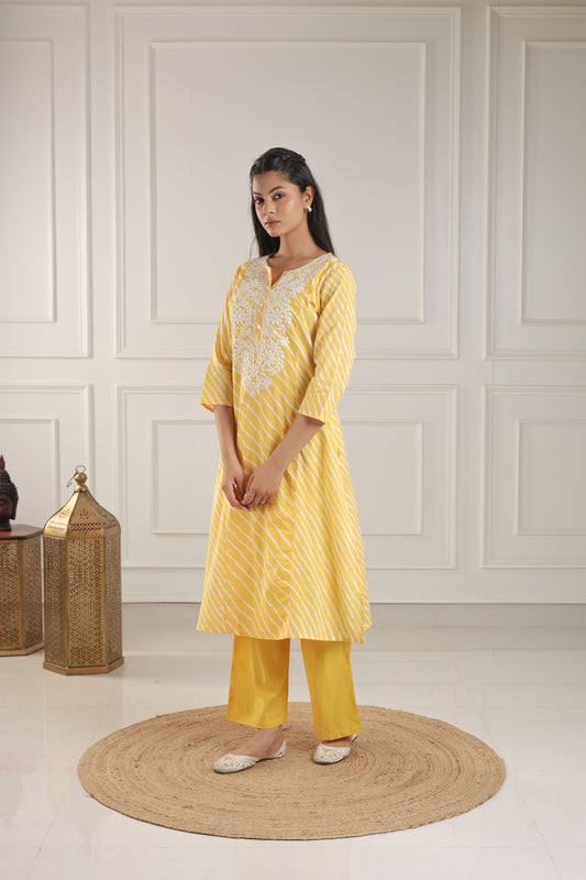 Yellow and White Leheriya Embroidered Co-ord Set
