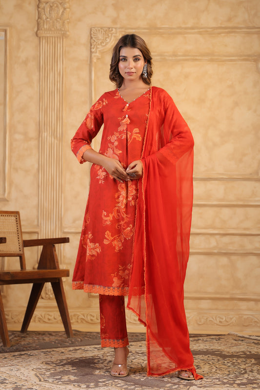 Rust Bloom Jacquard Kurta Set with Dupatta