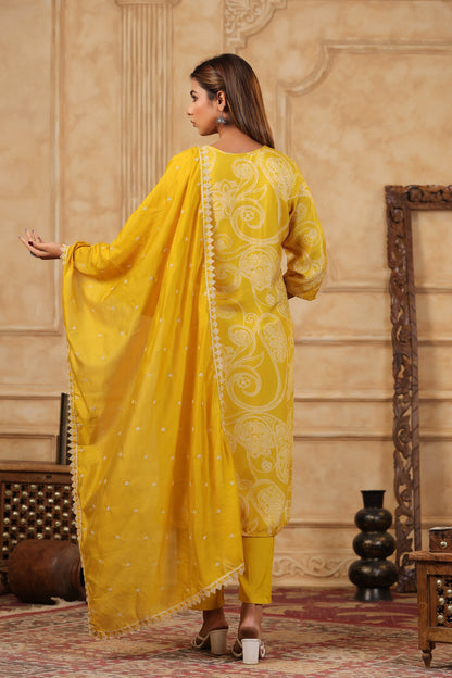 Yellow Paisley Printed Kurta Set with Crochet Lace