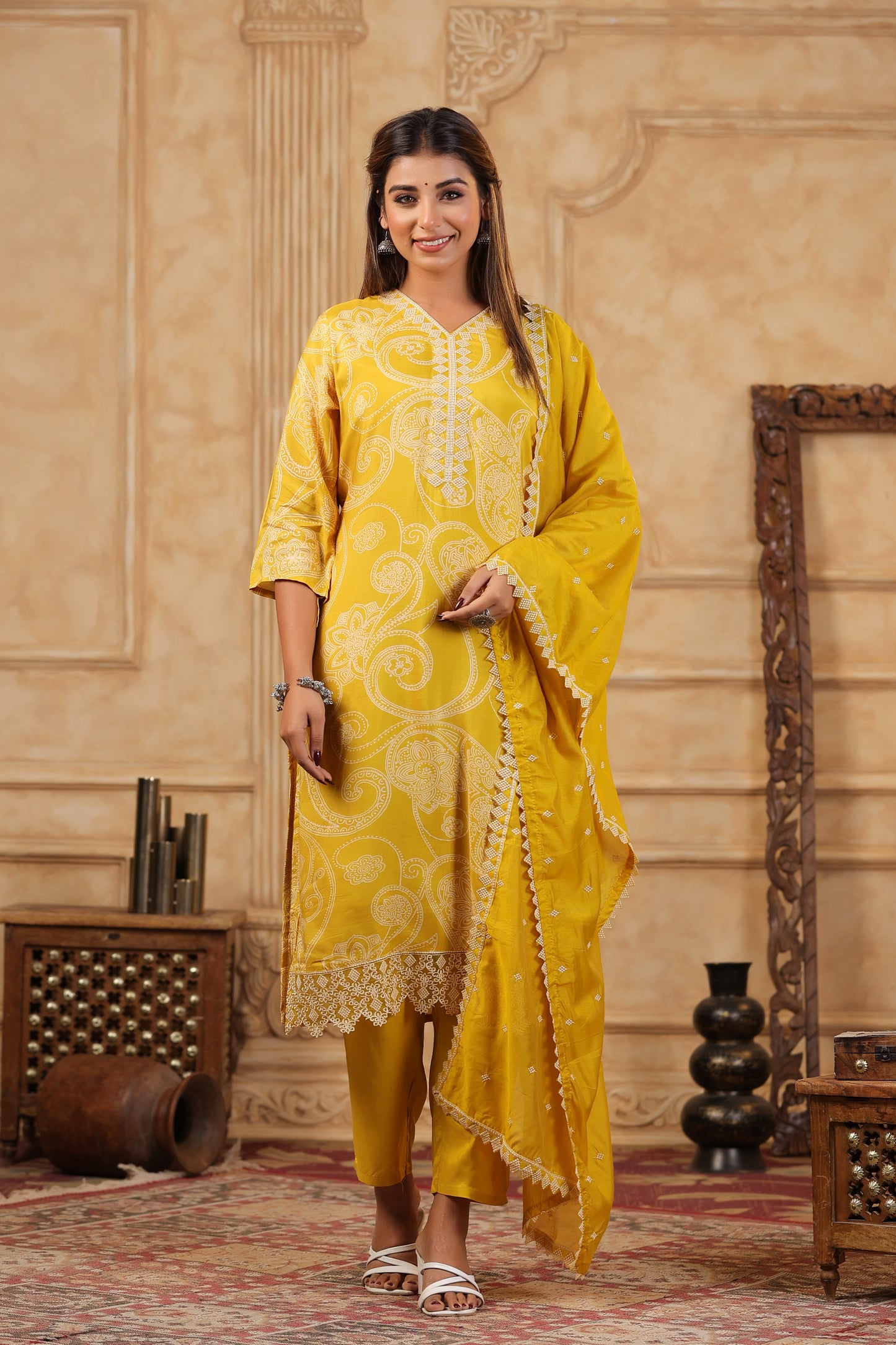 Yellow Paisley Printed Kurta Set with Crochet Lace