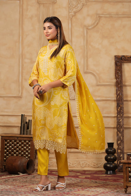 Yellow Paisley Printed Kurta Set with Crochet Lace