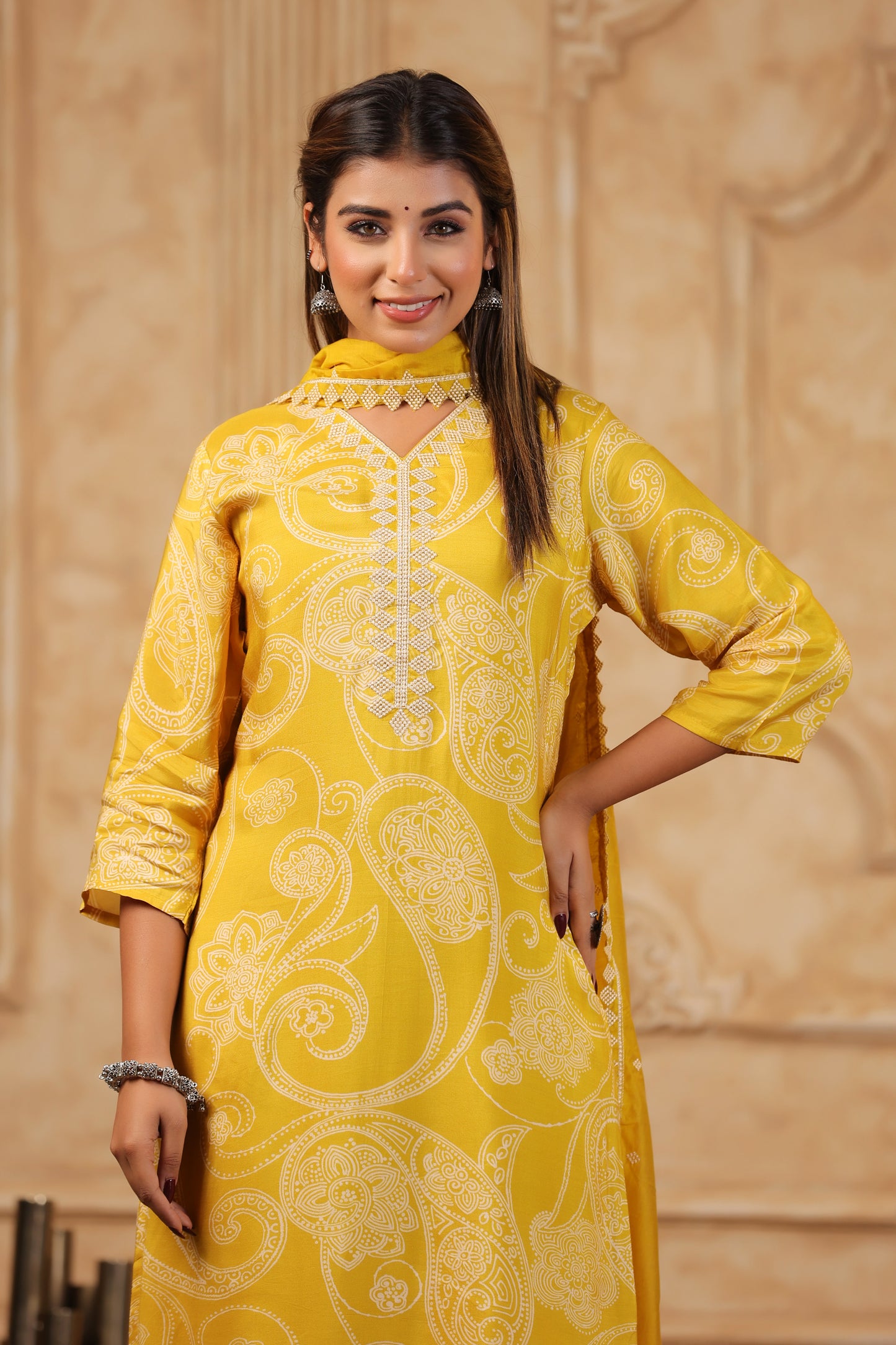 Yellow Paisley Printed Kurta Set with Crochet Lace